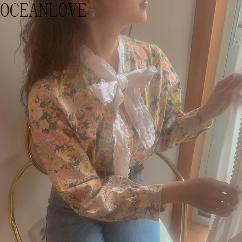 OCEANLOVE шикарные корейские Цветочные женские топы и блузки с бантом винтажные