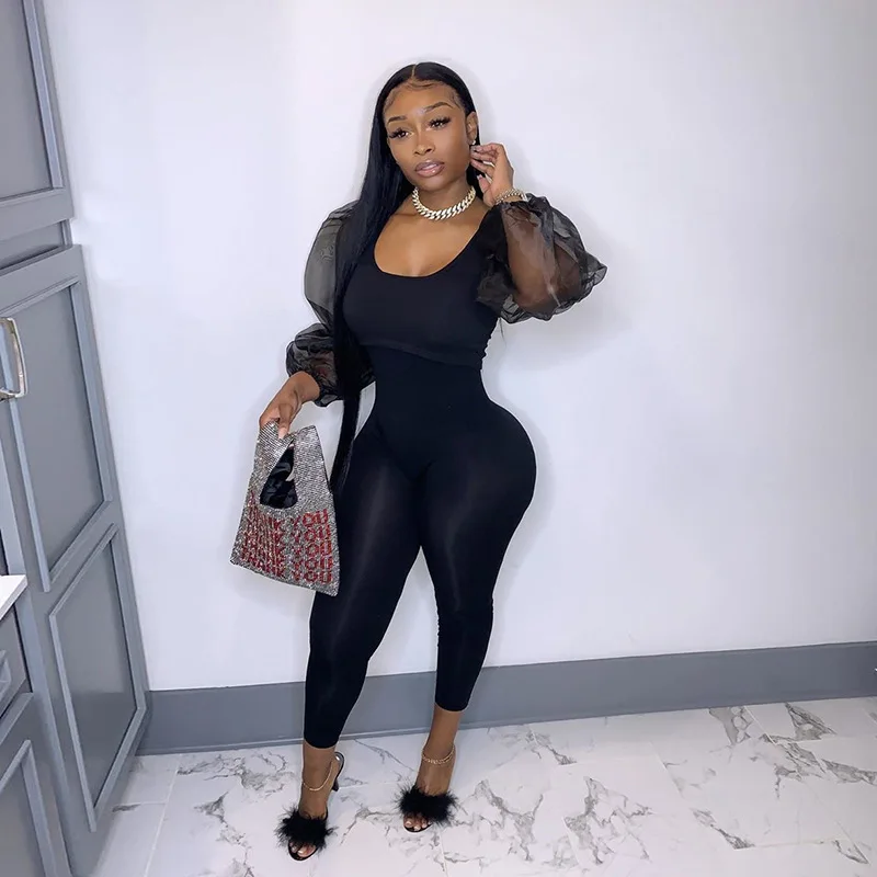 

Puff Sleeve Mesh See Throught Jumpsuits Women Slash Neck Casual Bodycon Sports Jumpsuit High Waist One Piece Fashion Hot