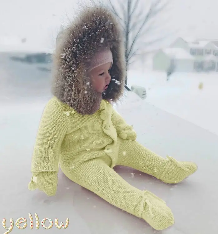 没发布 Infant Baby Rompers Winter Clothes Newborn Baby Boy Girl Knitted Sweater Jumpsuit raccoon Fur Hooded Kid Toddler Outerwear