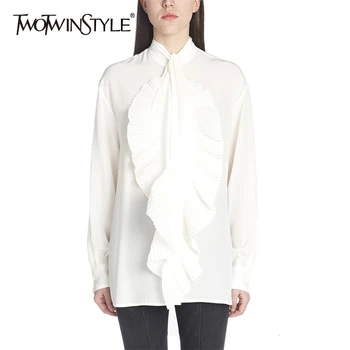 

TWOTWINSTYLE White Ruched Ruffles Women's Blouses Turtleneck Long Sleeve Irregular Casual Autumn Shirts Female 2020 Fashion New