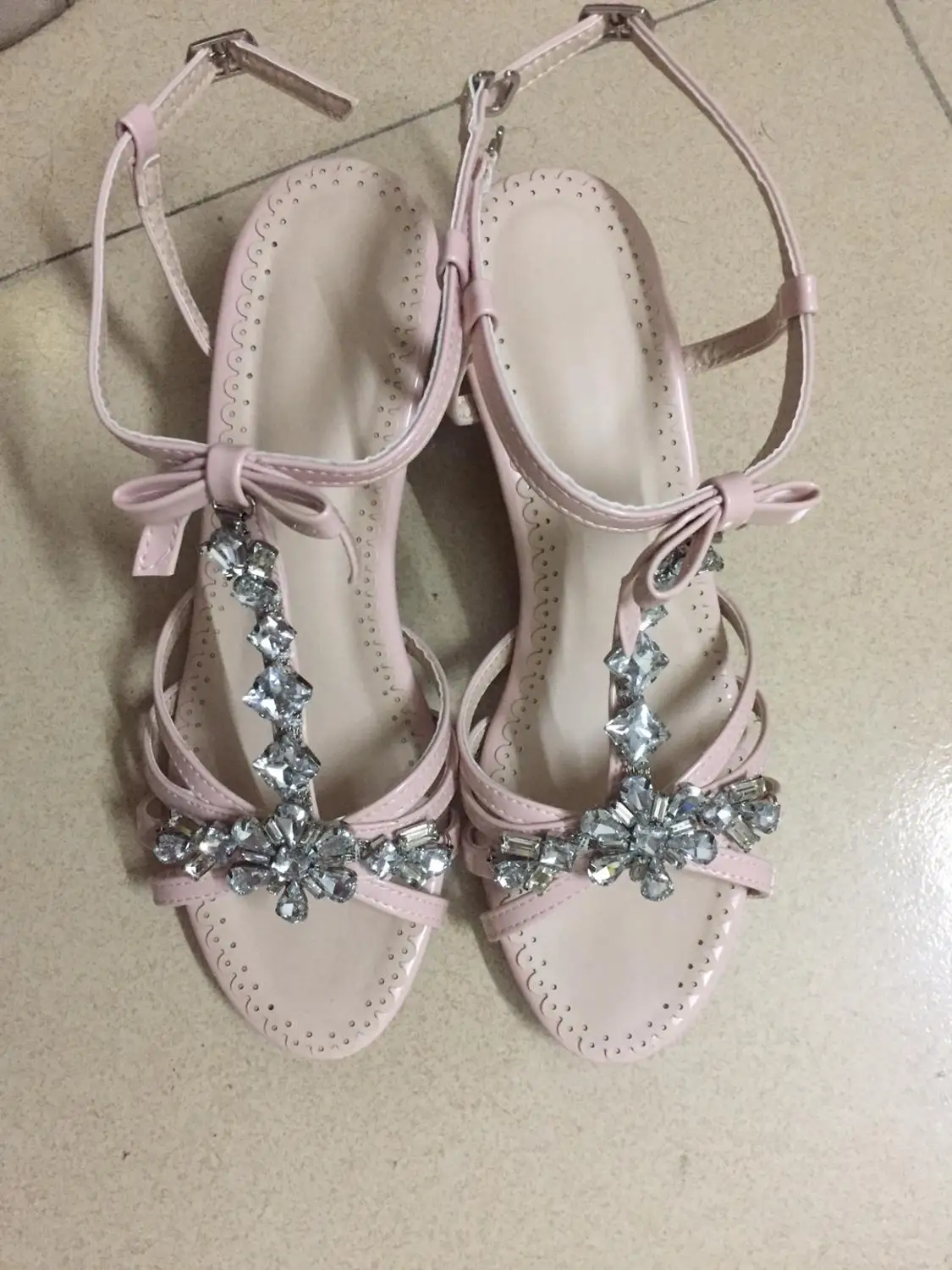 Wedding Flats Bride Flat Bridal Bow Knote Mary Jane Shoes Peep Toe Women Ladies Rhinestone Pink Chunky Sandals Elegant Luxury