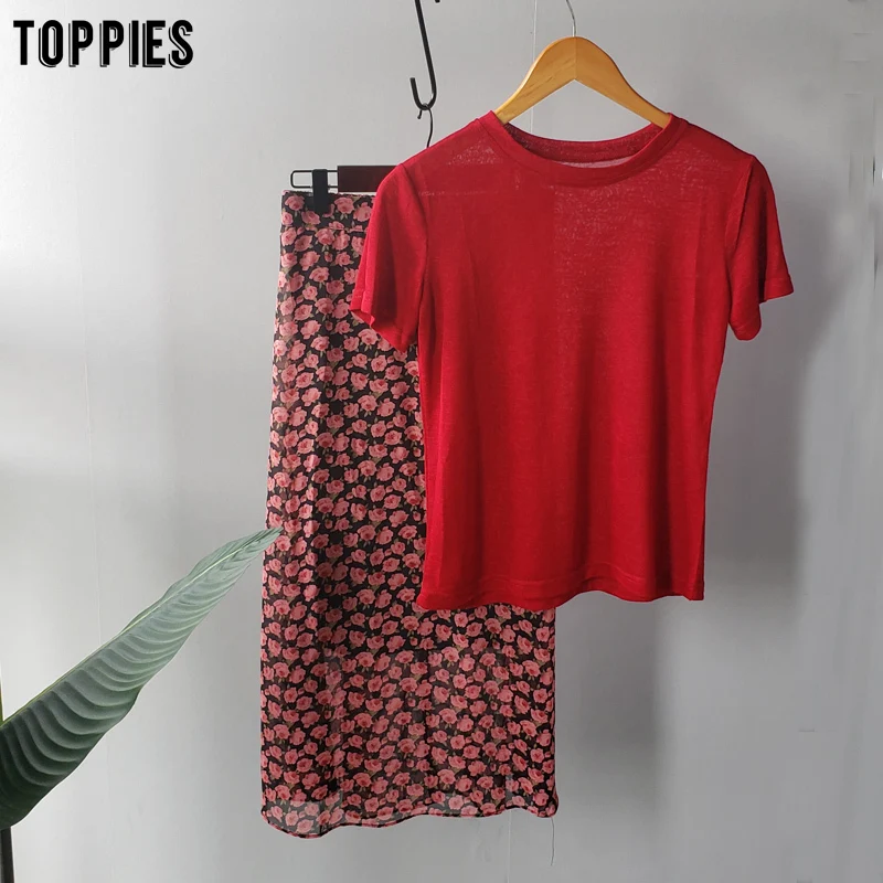 toppies summer two piece set cotton linen t-shirts floral printing midi skirts womens set korean fashion