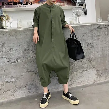 

Streetwear Men Jumpsuit Half Sleeve Loose Solid Joggers Overalls 2020 Casual Stylish Romper Men Button Drop-crotch Pants INCERUN