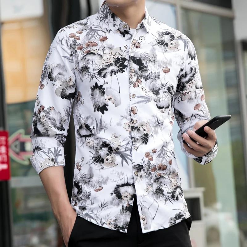 2019 Fashion Casual Men s Long Sleeve Shirt Slim Trend New Men s Personality Printed Plus 5
