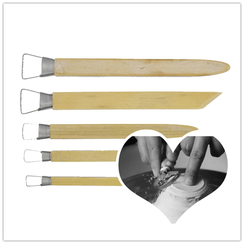 

New Pottery Artist Design Bamboo handle sharp point steel ribbon with teeth Pottery Ceramic Trimming Tools clay Scraper tool
