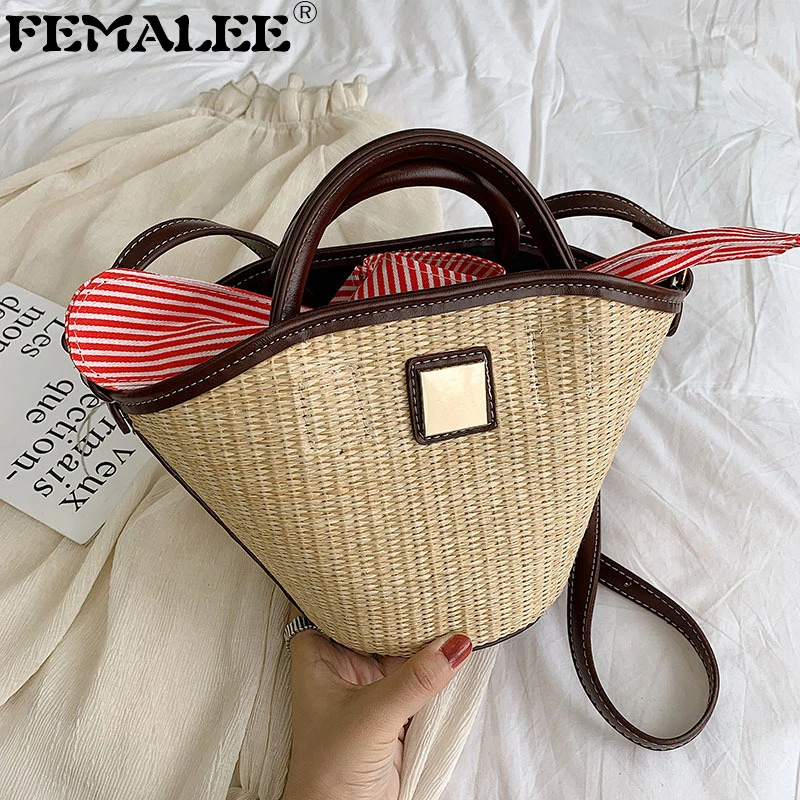 

Trapezoid Straw Bag Handmade Rattan Woven Vintage Retro Straw Knitted Women Crossbody Striped Bow Handbag Summer Beach Bag