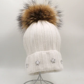 

[Rancyword] Thick Winter Hats For Women angora Beanies Hat knitted wool warm Beanie With Back 2020 New Silver stars