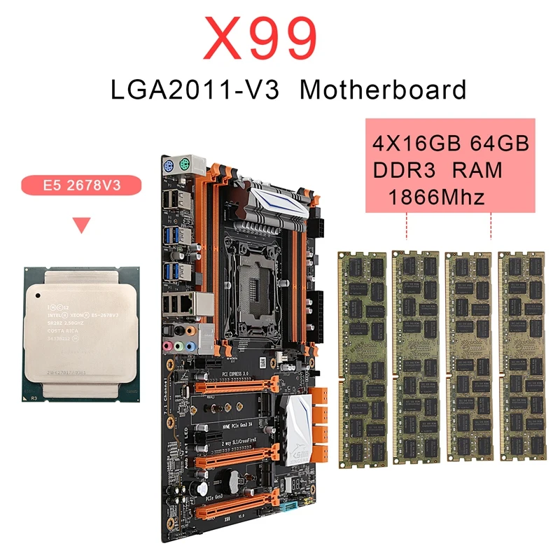  X99 LGA2011-V3 Motherboard Combo Set with E5 2678V3 CPU 4X16GB 64GB DDR3 RAM 4-Ch 1866Mhz REG ECC N