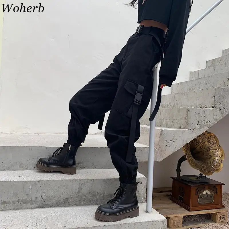 

Woherb Korean New High Waist Cargo Pants Solid Color Pockets Ankle Length Trousers Women Casual Loose Fashion Streetwear 91379