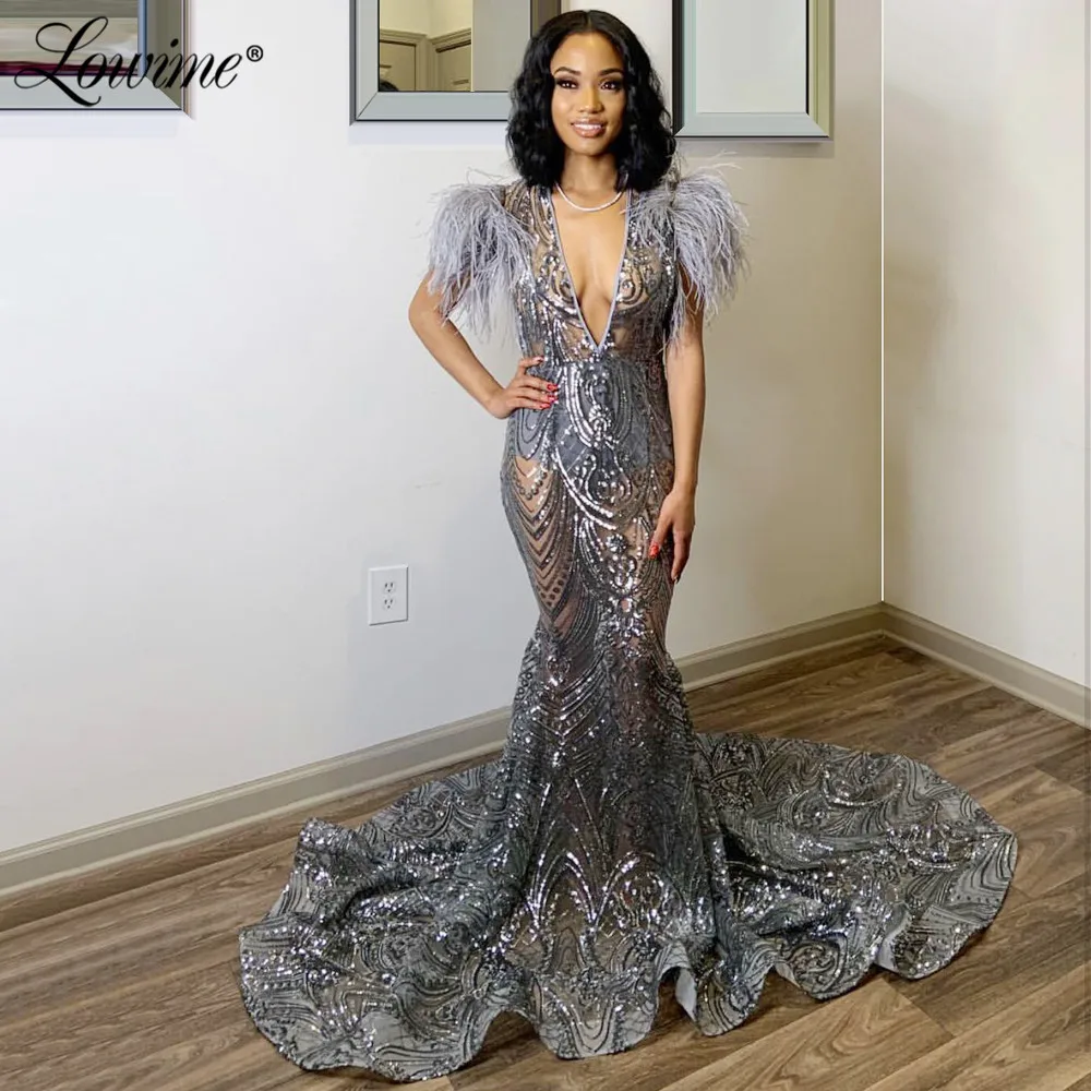 

Feather Illusion Sexy Party Dress Mermaid African Prom Dresses 2020 Dubai Deep V Neck Dresses Woman Party Night Evening Gowns