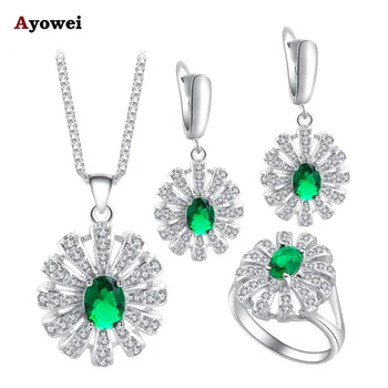 安い Ayowei 女性の誕生日ギフトグリーントーンファッションジュエリーセットイヤリング/ネックレス/リングジルコン JS685A