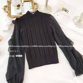 

2020 Spring Fall New High Collar Chiffon Ruffle Spliced Sleeve Short Sweater Knitwear Women Pullover Knitted Shirt Tops