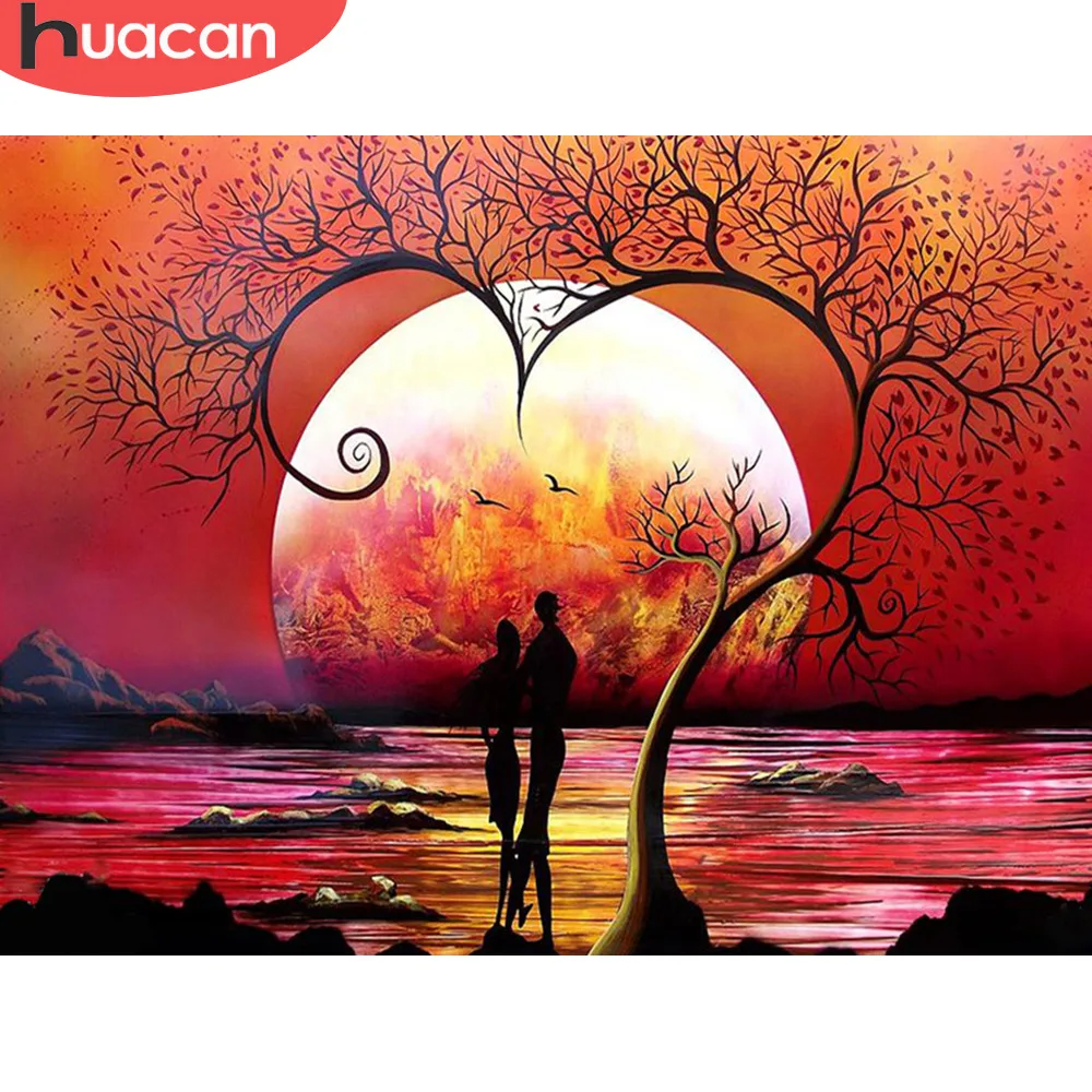 

HUACAN Diamond Embroidery Landscape Diy Diamond Painting Sunset Diy Full Round Mosaic Rhinestone Picture Home Decor