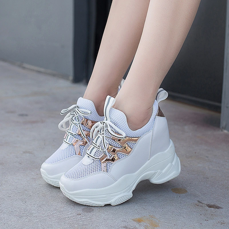 Rimocy nuevo otoño transpirable zapatillas de encaje dorado láser zapatos mujer gruesa suela señoras zapatillas de correr Tenis Femenino|Zapatos vulcanizados de mujer| - AliExpress