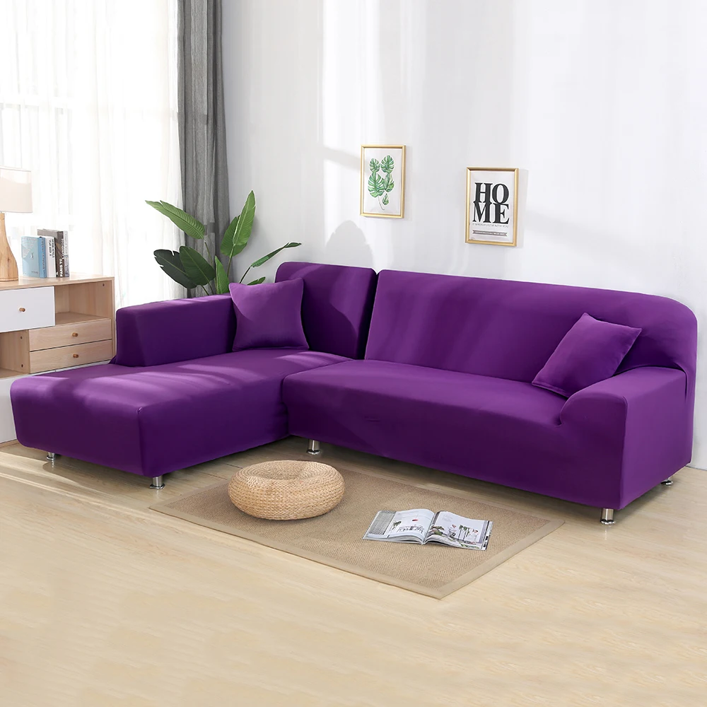 purple 1 Сплошной цвет 2 шт. Чехлы для углового дивана гостиной стрейч эластичный l-образный чехол для дивана Универсальный шезлонг чехлы - Цвет: purple 1