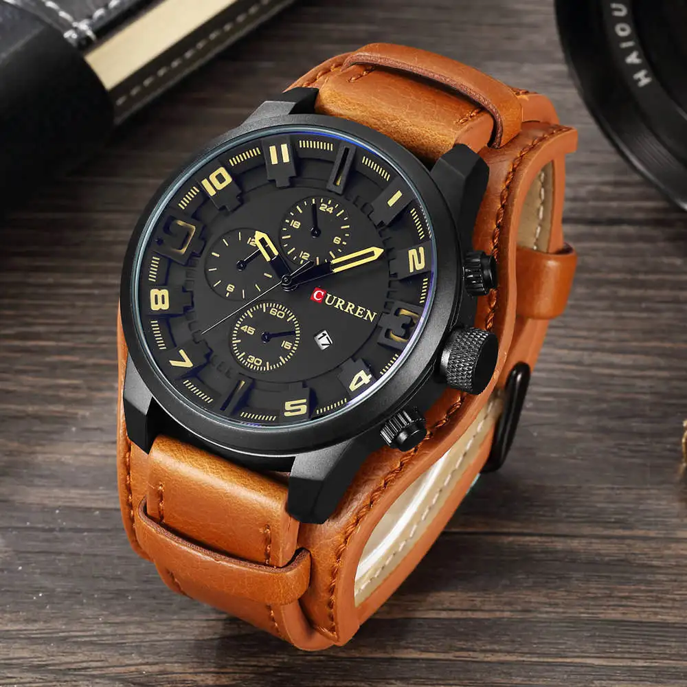 CURREN Топ бренд класса люкс мужские s часы мужские часы Дата Спорт военный кожаный ремешок для часов кварцевые мужские деловые часы подарок 8225 - Цвет: brownblackyellow