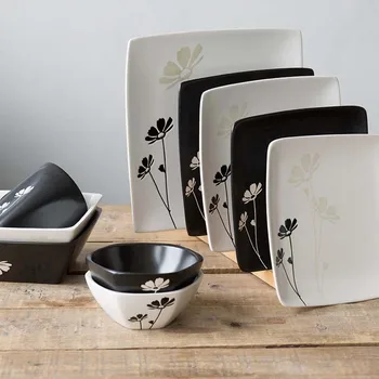 

Hand-painted Daisy Ceramic Tableware Black and White Square Plate Cup Hexagonal Small Bowl Square Bowl Cup Household