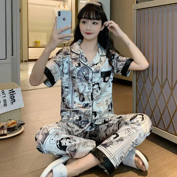 Disney Cute Silk Pajamas for Women Fall Home Suit Mickey Mouse Pyjamas Pj Set Satin Nightwear Sleepwear 2021 Pijama Verano Mujer 5338