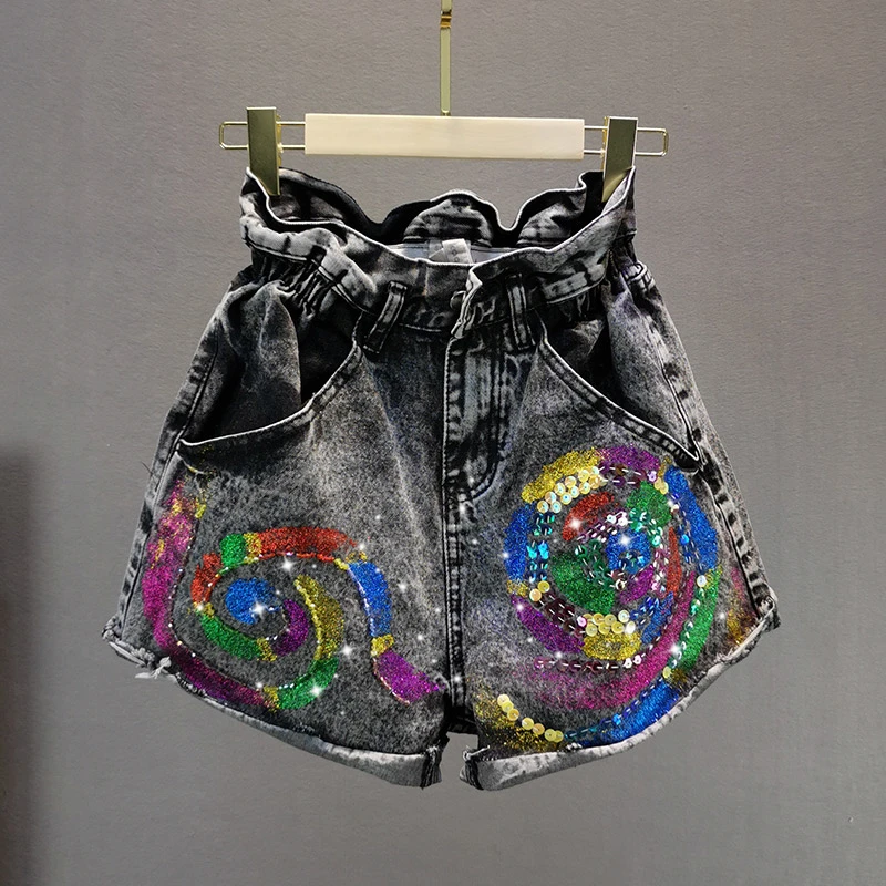 

Harajuku Shorts Women 2020 Summer New European Style Loose High Waist Bronzing Glitter Cowboy Shorts Female Wide-Leg Shorts
