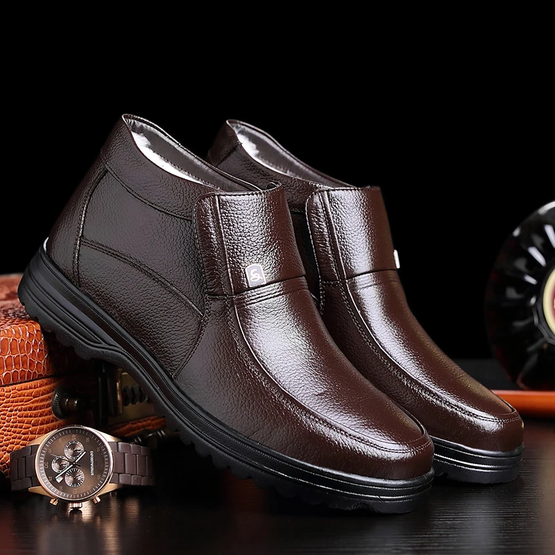 

UPUPER Genuine Leather Men's Winter Ankle Boots Plush Warm Winter Shoes Men Slip-on Men's Casual Leather Shoes Black Brown