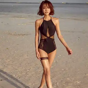

2020 South Korea's new black polka dot mesh yarn backless sexy slim cover belly slim and conservative one-piece swimsuit
