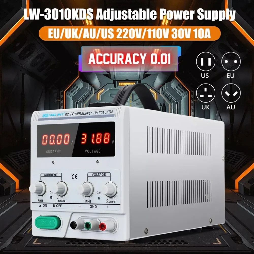 

LONG WEI LW-3010KDS 110V/220V 0-30V 0-10A Switching Regulated Power Supply Adjustable LED Digital Display DC Power Supply