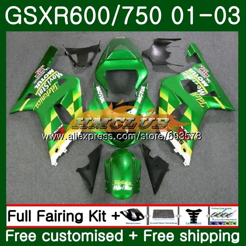 Корпус для SUZUKI GSX-R600 GSXR-600 K1 GSXR600 01 02 03 Movistar зеленый 4CL. 49 GSXR 600 750 GSXR-750 GSXR750 2001 2002 2003 обтекатель