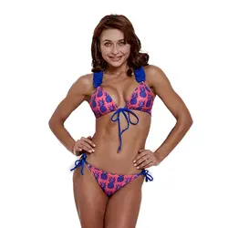 Сексуальный женский бикини с высокой талией, горячий женский пляжный костюм, синий наплечный ремень с голубым и розовым узором, который