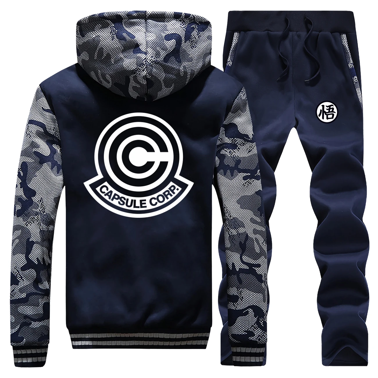 

Anime Dragon Ball Mens Thick Fleece Hoodies CAPSULE CORP Camouflage Men Sweatshirt+Pants 2 Piece Sets Saiyan Japanese Streetwear