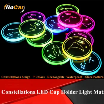 

2 Pcs Constellation Design 7 Colors LED Cup Holder Light Mats Bottle Coasters Twelve Constellations Atmosphere Light LED Cup Pad