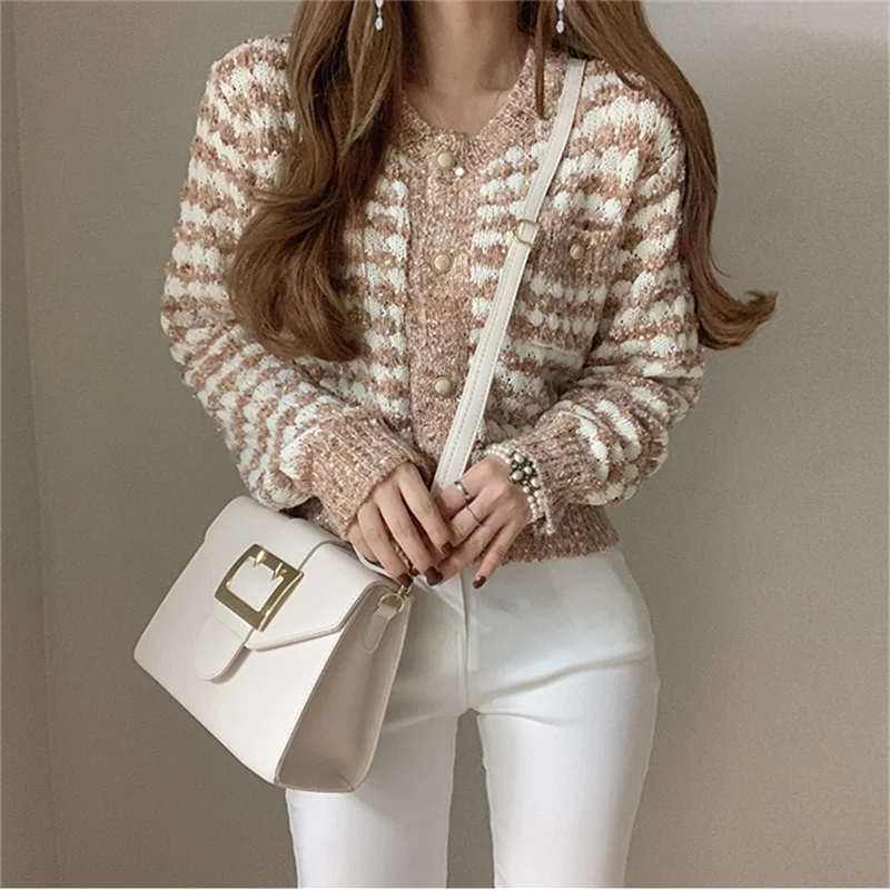

Prowow 2020 Autumn Winter Women's Knitwear Elegant Plaid Cardigans Buttons Chic Korean Style Lady Sweaters Tops Jumper Kardigany