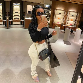 

High Waist Sweatpants Women Joggers 2020 Elastic Summer Stacked Leggings Bell Bottom Trouser Split Hem Flare Ruched Pant