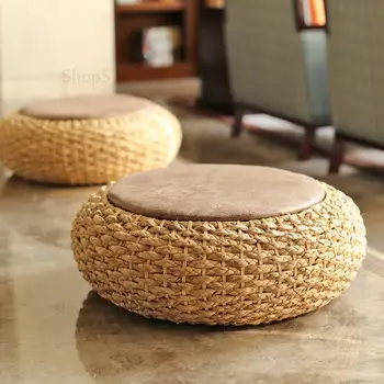 

Modern Knitted Round Pouf Ottoman Stool PU Leather Seat Pad Floor Yoga Meditation Cushion Straw Rusitc Tatami Pouf Furniture
