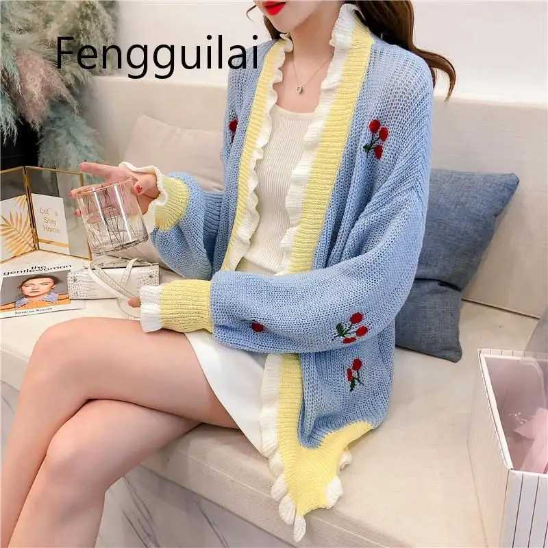FENGGUILAI Womens Autumn Thin Sweater Cardigans Plus Size Sweet Cherry Embroidery Kawaii Patchwork Sweater Knitted Wear Female FENGGUILAI Womens Autumn Thin Sweater Cardigans Plus Size Sweet Cherry Embroidery Kawaii Patchwork Sweater Knitted Wear Female