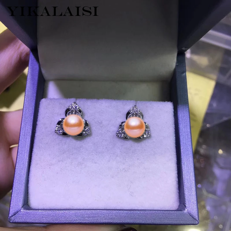 pink YIKALAISI, 925 пробы, серебряные ювелирные изделия, жемчужные серьги,, натуральный жемчуг, jewelr7-y, 6 мм, серьги-гвоздики для женщин - Цвет камня: pink