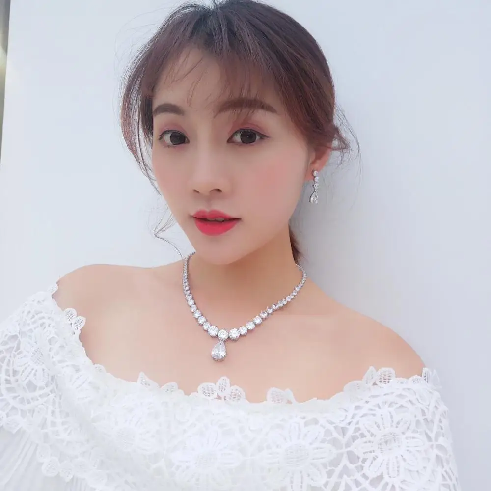 white HIBRIDE Новые прозрачные большие CZ Ювелирные наборы Блестящий кубический циркон серьги на свадебную вечеринку Ожерелье Ювелирные наборы для женщин N-1133 - Окраска металла: white