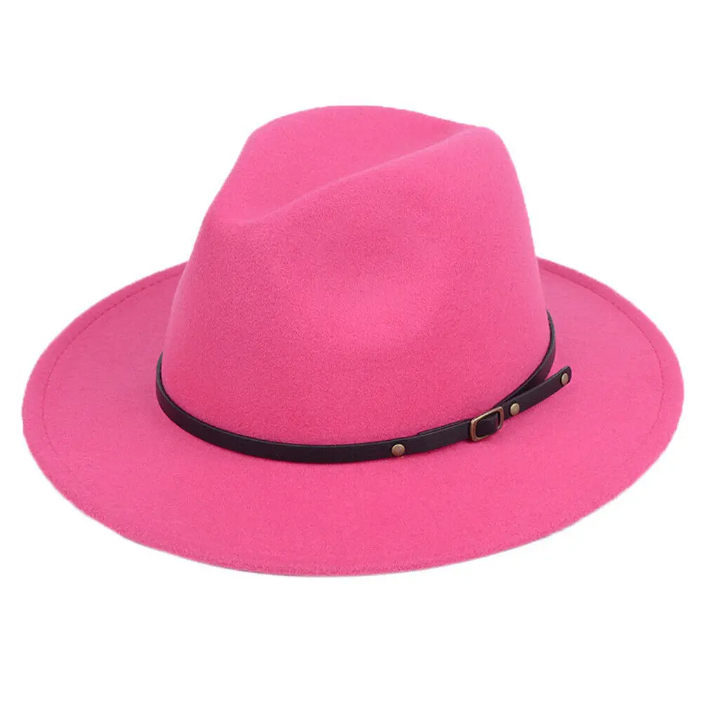 Rose Red Новая модная женская мужская шерстяная фетровая шляпа, Панама, шляпа с широкими полями, пряжка на ремне, фетровые ковбойские шляпы, черные, оранжевые, желтые, хаки - Цвет: Rose Red