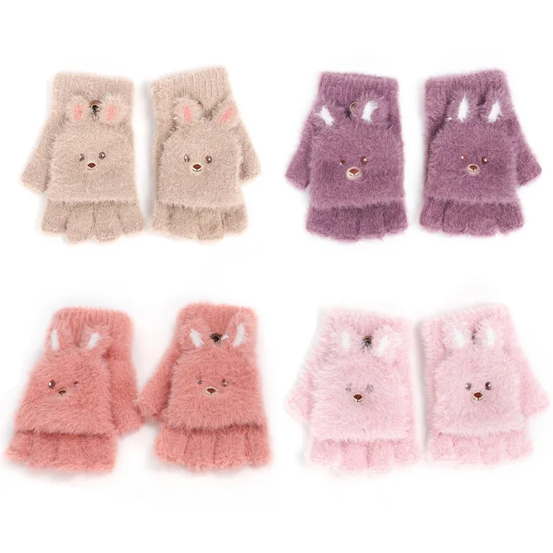 Зимние дамские перчатки теплые мягкие плюшевые детские теплые перчатки с полными пальцами милые женские перчатки с кроличьими ушками
