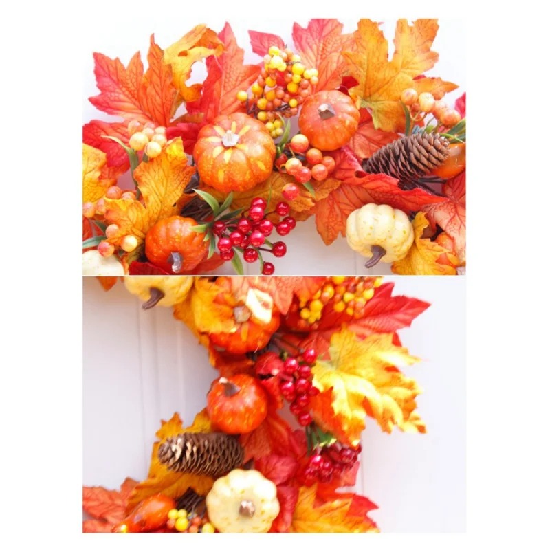 60CM Autumn Holiday Artificial Maple Leaves Pumpkin Wreath Thanksgiving Day Halloween Front Door Wall Hanging Garland