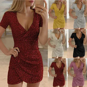 

ropa mujer plus size Dress Sexy Short Sleeve Sparkly Sequin Slim Elegant Party Sheath Dresses Women sukienki vestidos 2020