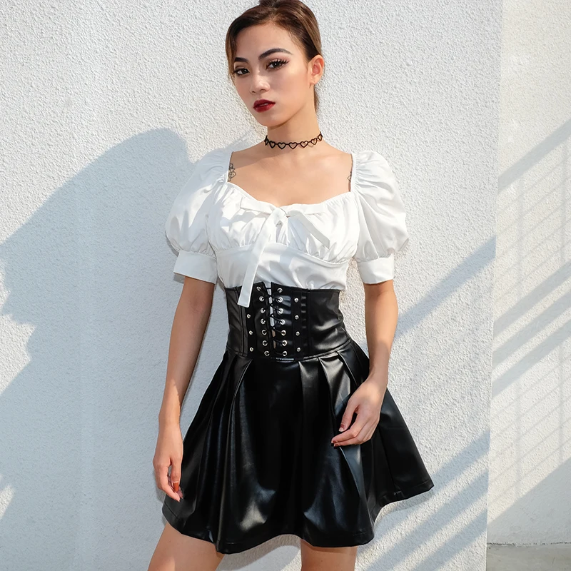 Rockmore черный готичный панк стиль выше колена женские мини юбки с цепочкой Shantou печатных высокой талией Короткая Юбка Femme уличная