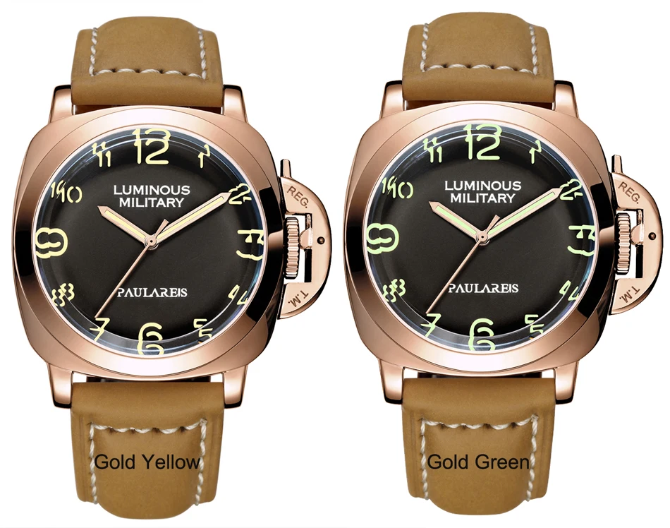 Men Automatic Self Wind Mechanical Genuine Brown Leather Strap Yellow Green Military Luminous 44mm Luxury Rose Gold Watch