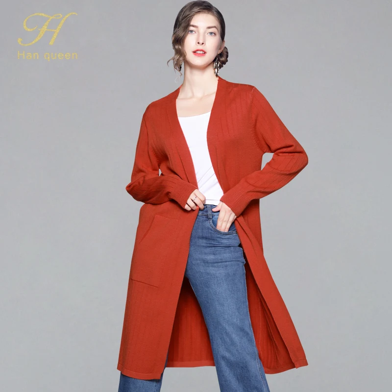 

H Han Queen Autumn 2019 Long Cardigans Loose Stretch Knit Cardigan Sweater Long Sleeve Casual Coats Pocket Sweaters Outerwear