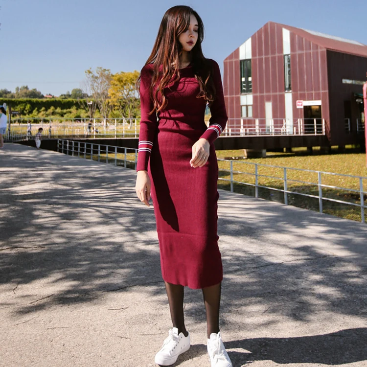 Women's long Dresses Pullovers O-Neck sweater dress women sweater autumn winter female casual Slim knit sweater dress