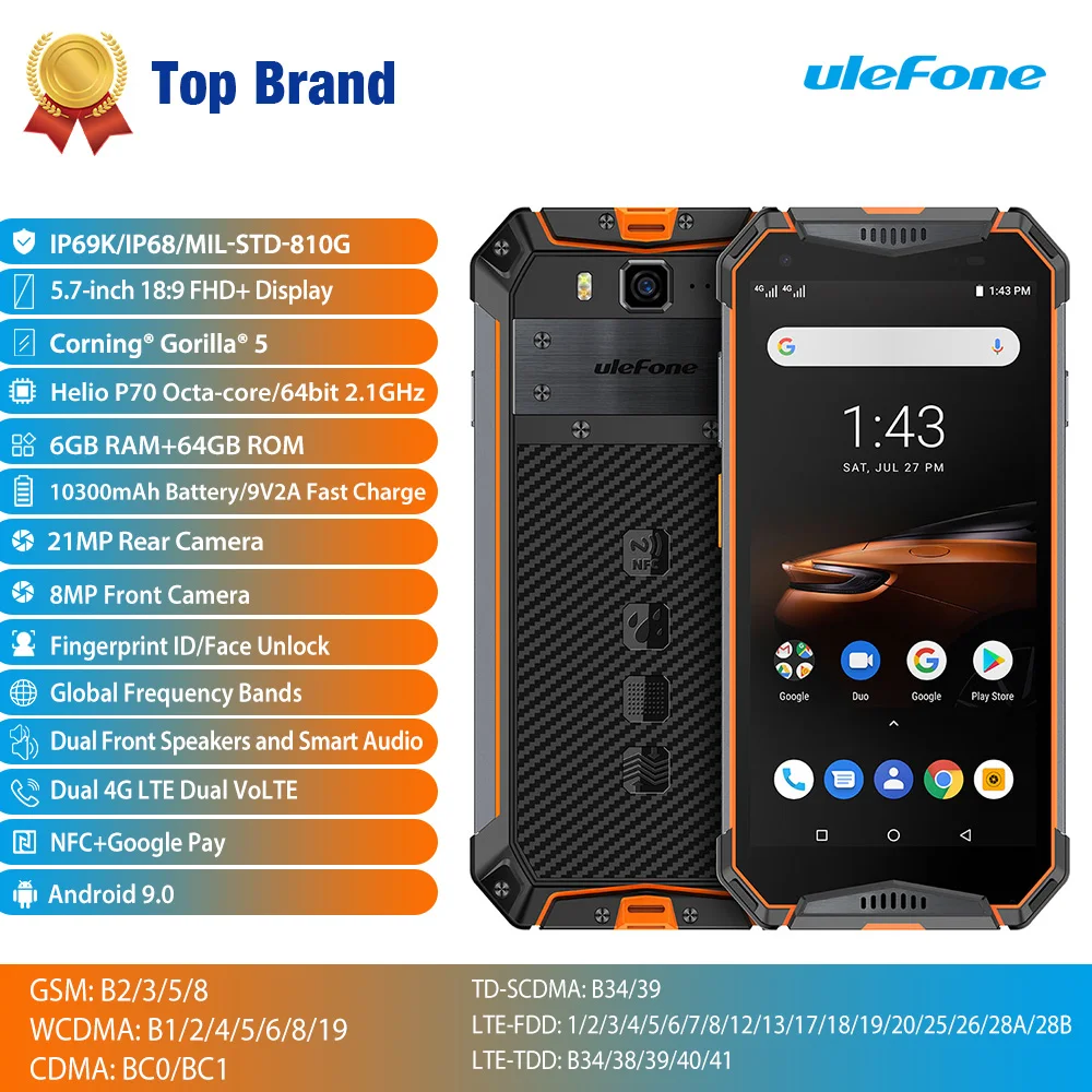 

Ulefone Armor 3W IP68 Waterproof Mobile Phone 10300mAh 5.7" FHD+ Octa Core 6GB+64GB helio P70 Android Global Version Smart
