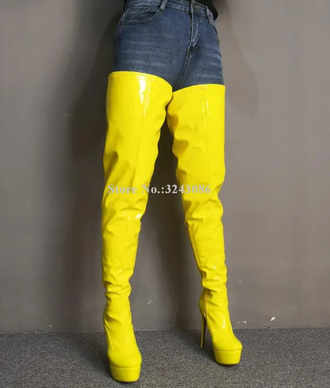 Patent Leather Low Heel Knee-High Boots, US 10 / Yellow