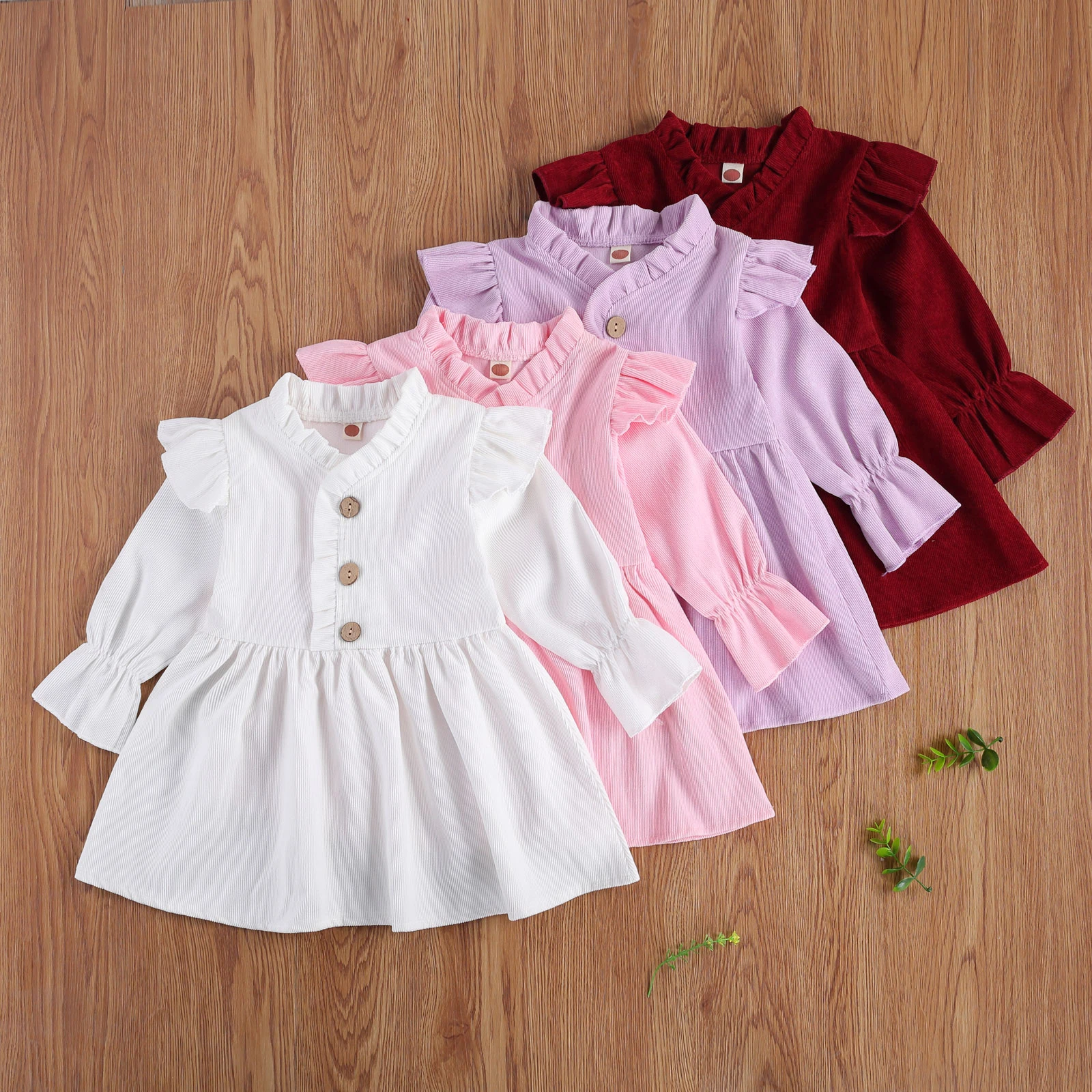 1-6Y Sweet Toddler Kids Baby Girls Dress Button Solid Color Ruffle Shoulder Flare Long Sleeve Autumn Corduroy Pleated | Детская одежда