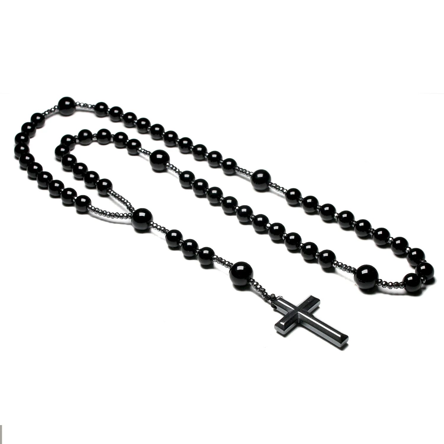 Natural Black Onyx Beads Catholic Christ Rosary Necklaces Hematite Cross Pendant Men Necklace Meditation Mala Jewelry