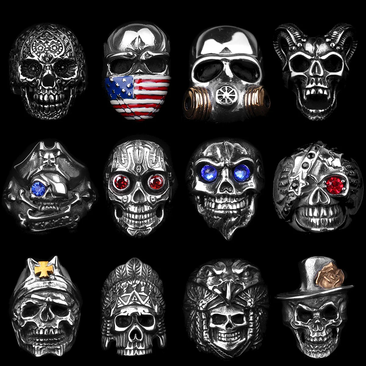 Stainless Steel Men Gothic Skull Head Rings Skeleton Punk Hip Hop Male Boy Jewelry Creativity Gift