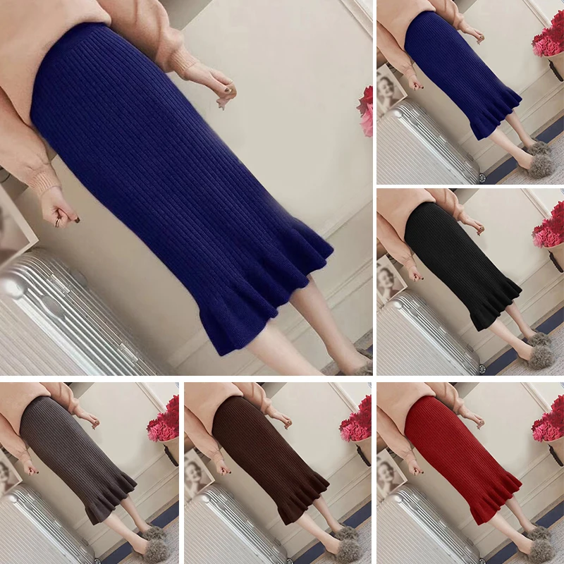 Faldas Mujer Moda Женская осенне-зимняя трикотажная длинная юбка с высокой талией гофрированная обтягивающая юбка